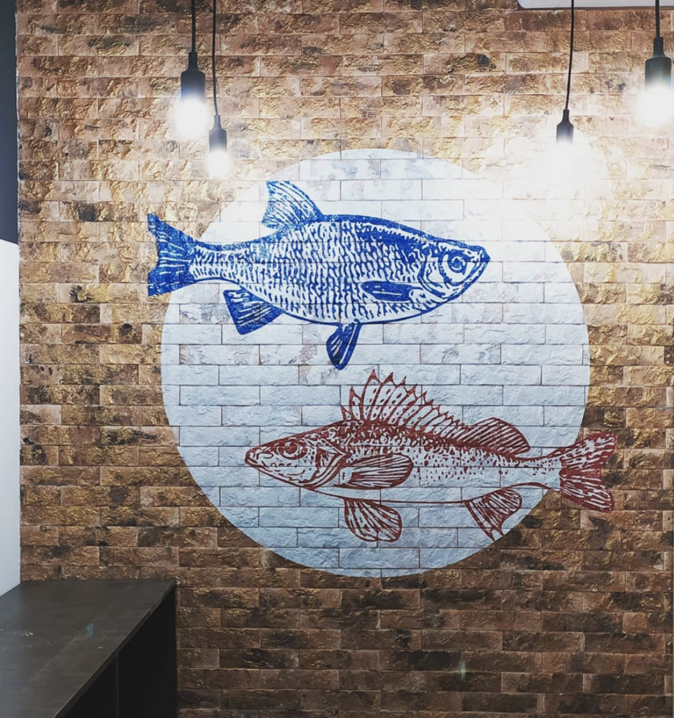 wallprintdesign, impression murale, moderne, décoration, unique, personnalisé, briques, poissons, logo